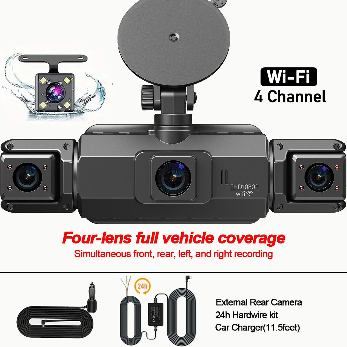 Dashcam 4 canaux wifi voiture dvr caméras de tableau de bord pour voiture mode de stationnement de boîte arrière 24h intérieur avant et arrière 360 dash cam