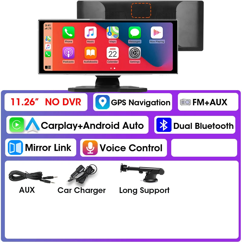 Srnubi 11.26 pouces 4K Dash Cam sans fil CarPlay et Android Auto Portable voiture DVR systèmes intelligents enregistreur vidéo GPS Navigation