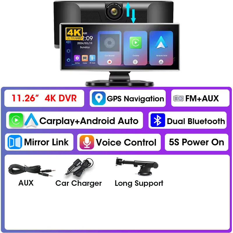 Srnubi 11.26 pouces 4K Dash Cam sans fil CarPlay et Android Auto Portable voiture DVR systèmes intelligents enregistreur vidéo GPS Navigation