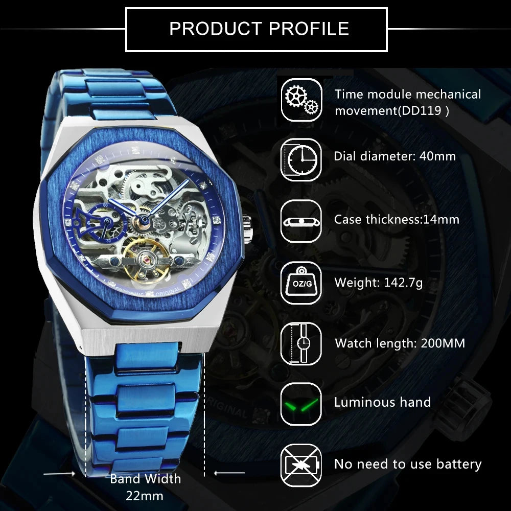 Forsining montre mécanique automatique décontractée pour hommes aiguilles lumineuses bracelet en acier inoxydable mode luxe squelette montres pour hommes