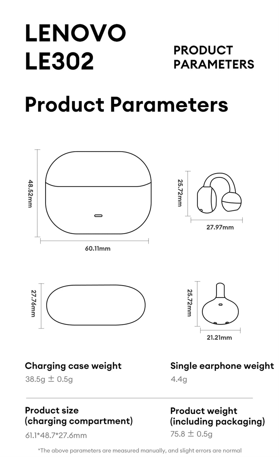 Casque sans fil Bluetooth 6.0 Lenovo LE302, longue durée de vie de la batterie, écouteurs sportifs à clip d'oreille, écouteurs stéréo HIFI à réduction de bruit