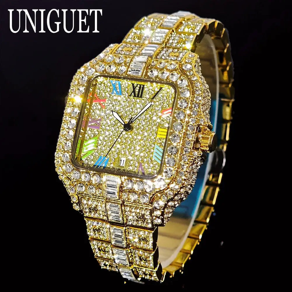 UNIGUET luxe diamant montre à Quartz pour hommes cadran arc-en-ciel calendrier Hip Hop glacé or montre-bracelet hommes accessoire de mode 2025