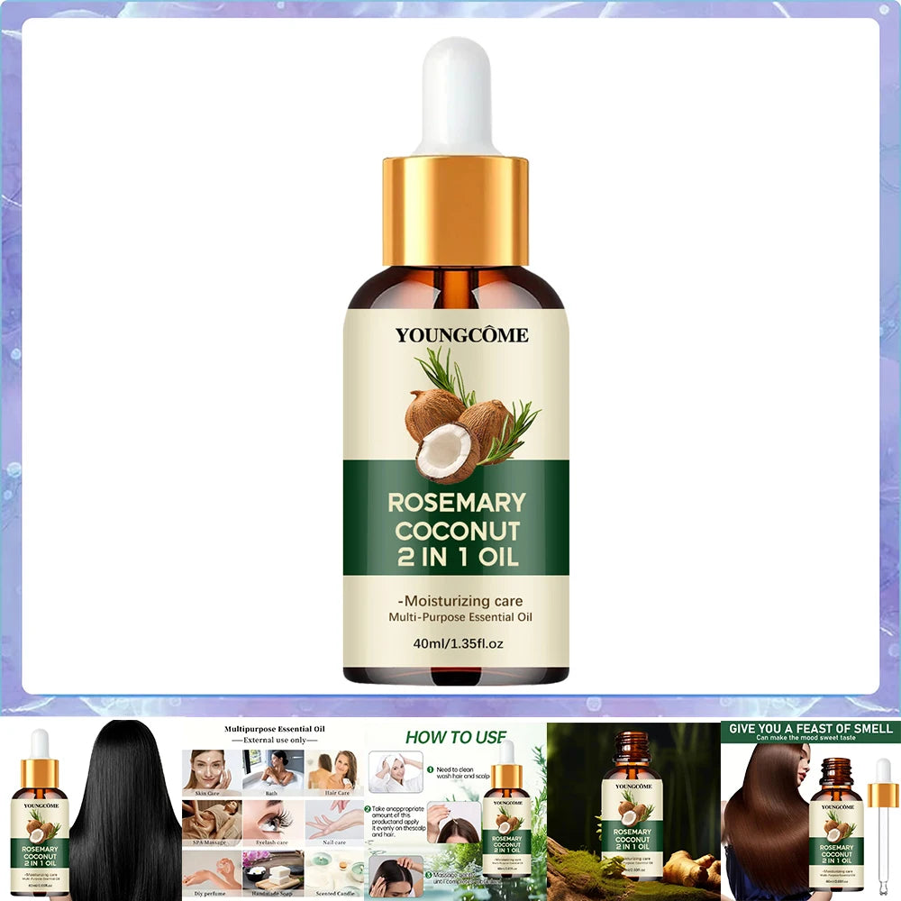 Huile essentielle de romarin et d'huile de noix de coco pour améliorer la perte de cheveux et nourrir, renforcer les racines des cheveux, traitement du cuir chevelu, soins capillaires