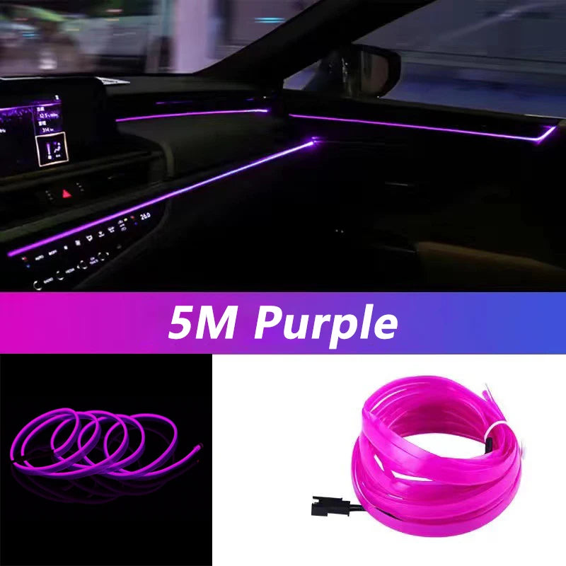 Bande lumineuse LED pour intérieur de voiture, néon, câblage EL, lampe décorative pour auto, bricolage, lumière ambiante flexible, USB, escales de fête, diode, 5m