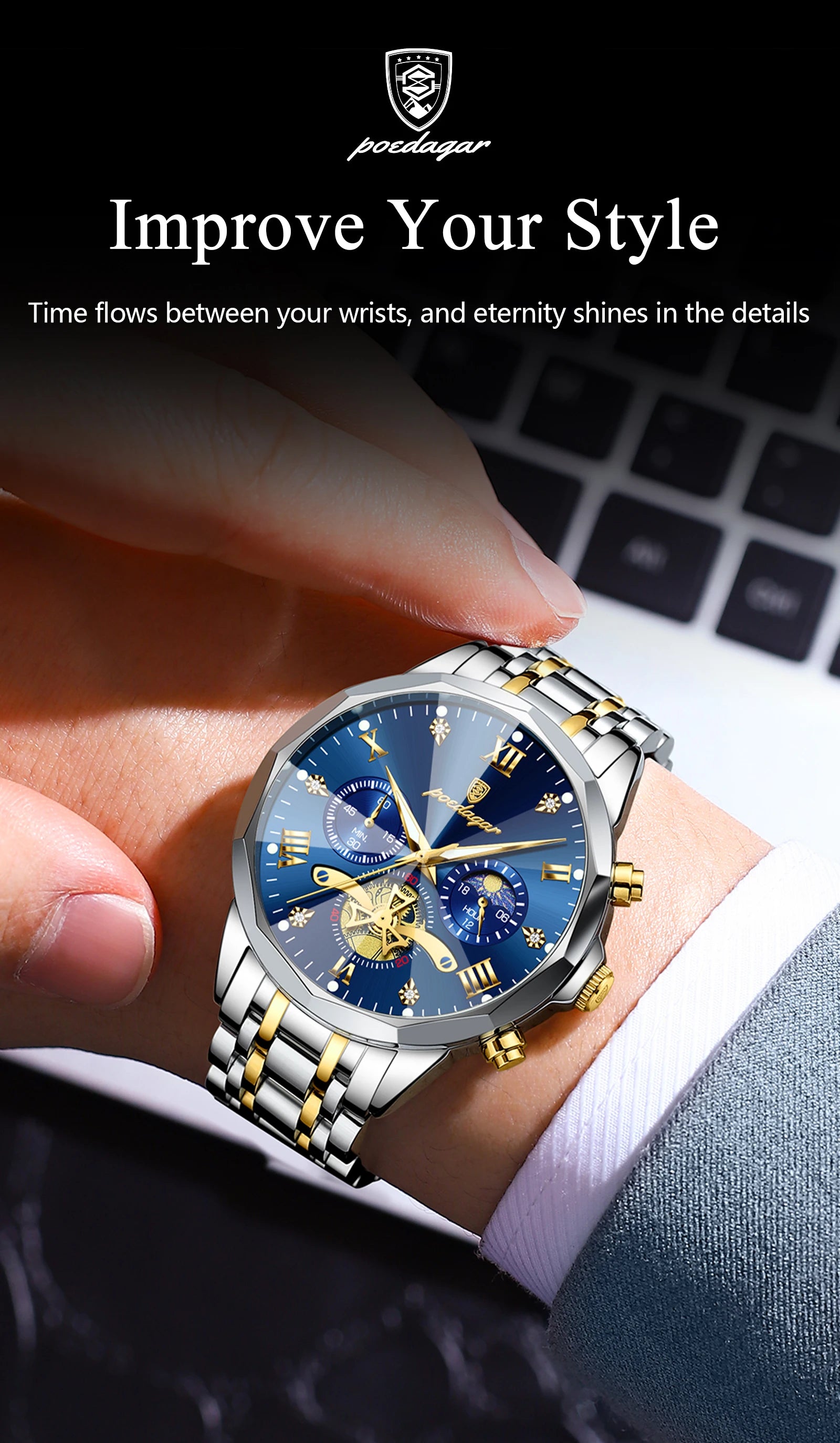 POEDAGAR luxe hommes montre haut Original étanche lumineux chronographe homme montre-bracelet en acier inoxydable Quartz hommes montres Reloj
