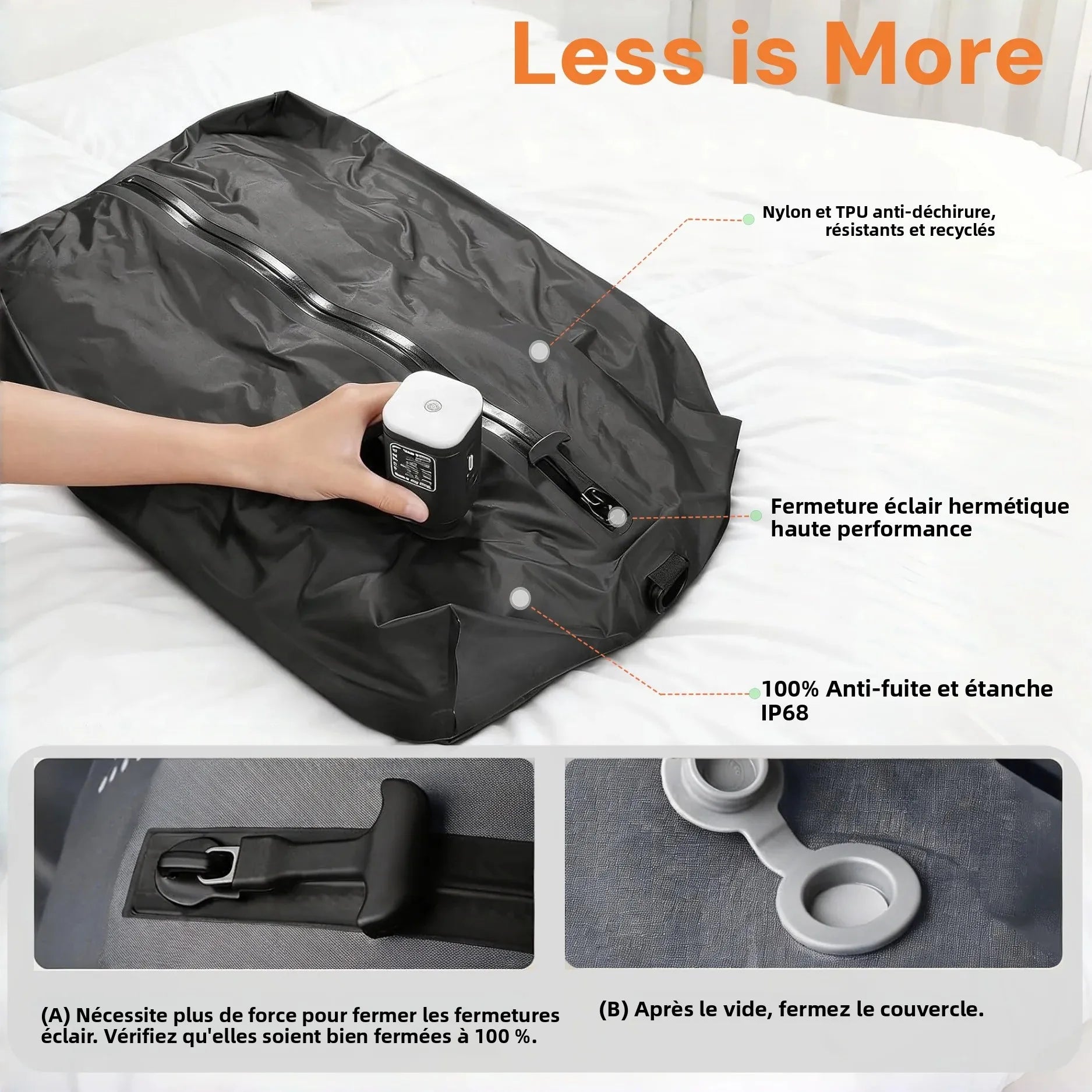 Sacs de rangement sous vide 28L pour le voyage, sacs de compression gain de place pour valise, sacs d'emballage essentiels pour vêtements et couvertures