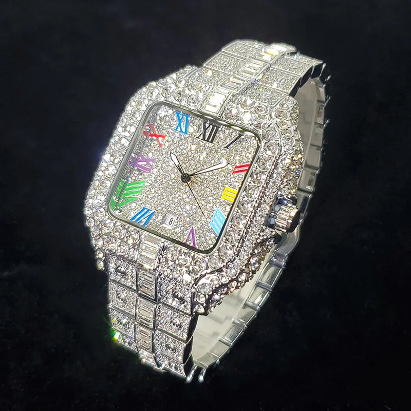 UNIGUET luxe diamant montre à Quartz pour hommes cadran arc-en-ciel calendrier Hip Hop glacé or montre-bracelet hommes accessoire de mode 2025