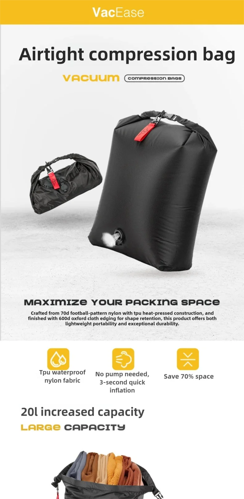 Sac de rangement à Compression sous vide, Portable, grande capacité, étanche, sac à bagages, sac à vêtements, anti-poussière, voyage d'affaires