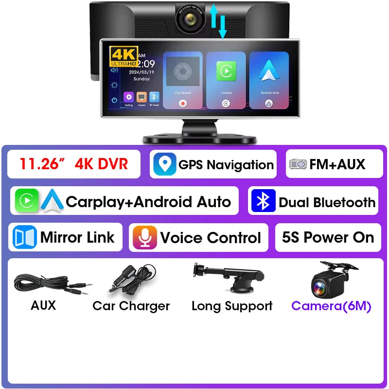 Srnubi 11.26 pouces 4K Dash Cam sans fil CarPlay et Android Auto Portable voiture DVR systèmes intelligents enregistreur vidéo GPS Navigation