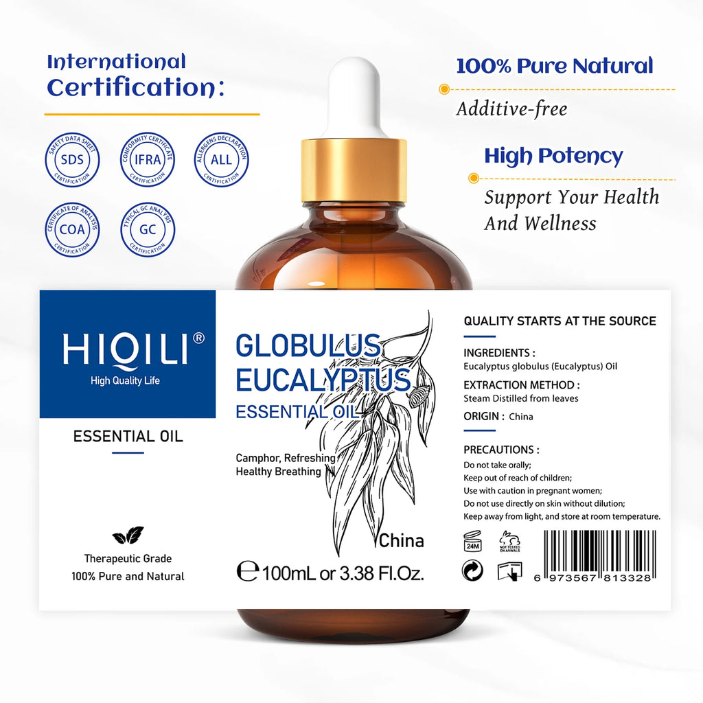 HIQILI Huile essentielle d'eucalyptus 100 ml, huile essentielle d'eucalyptus pour humidificateur et aromathérapie, 100 % naturelle, parfum d'ambiance pour la maison