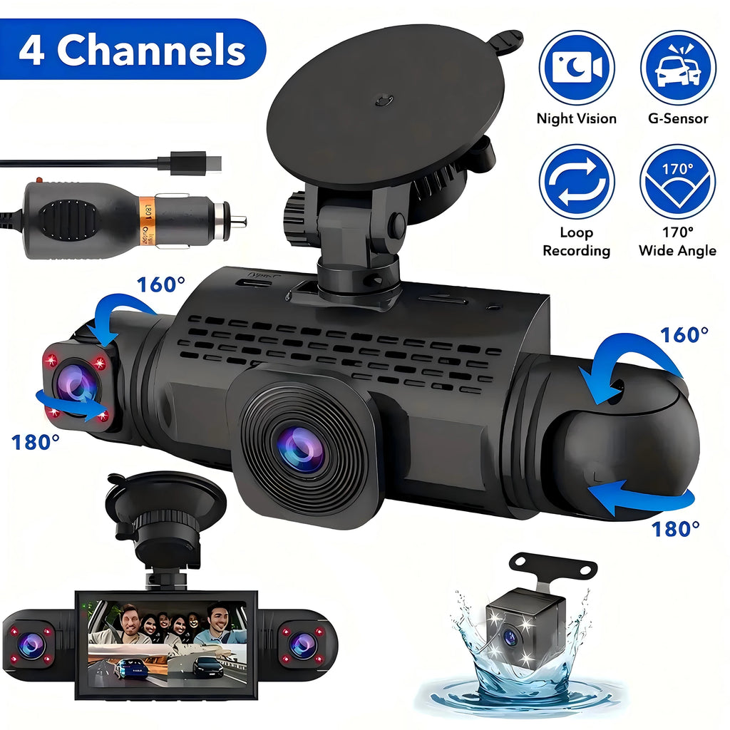 Caméra de tableau de bord de voiture 4 canaux boîte noire caméra de conduite FHD 1080P avant gauche droite arrière Vision nocturne enregistrement en boucle ajouter kit de fil dur