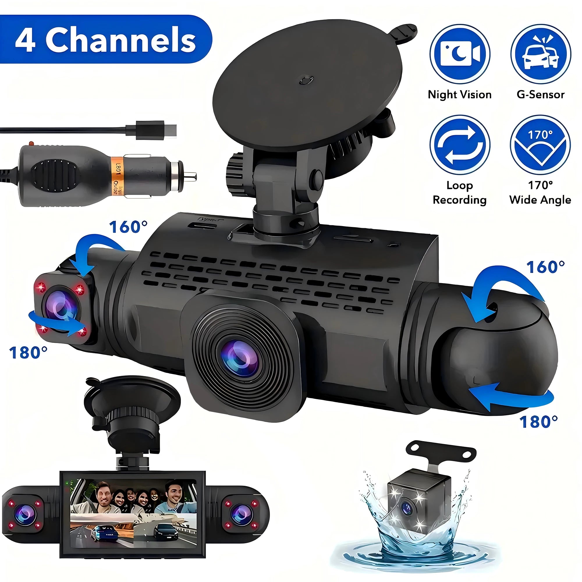 Caméra de tableau de bord de voiture 4 canaux boîte noire caméra de conduite FHD 1080P avant gauche droite arrière Vision nocturne enregistrement en boucle ajouter kit de fil dur
