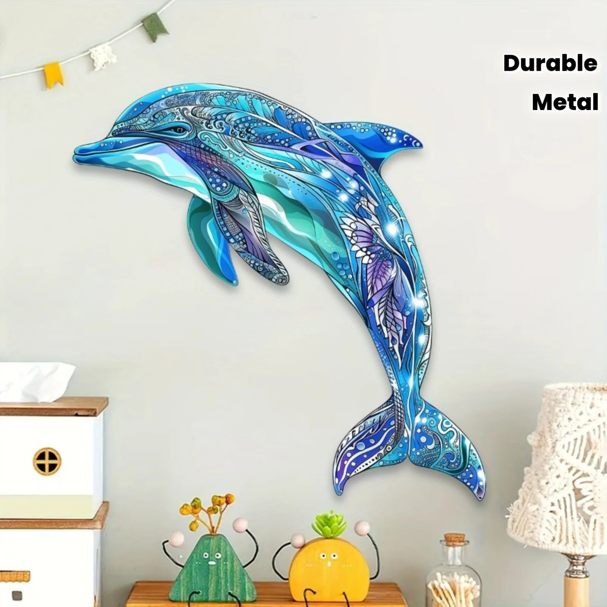 Décoration durable pour salons, chambres et espaces extérieurs, 1 pièce, cadeaux idéaux pour l'inauguration de la maison, art mural en métal coloré en forme de dauphin.