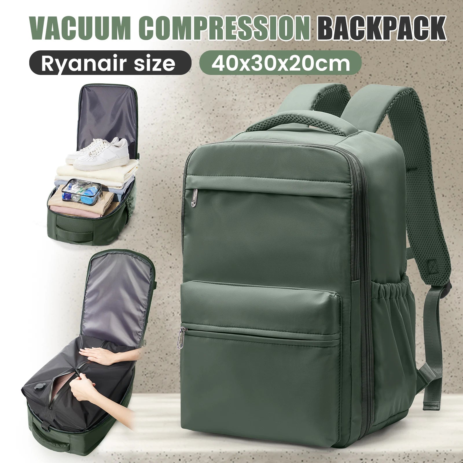 Ryanair 40x30x20 sac à dos de voyage sac à dos de compression sous vide avec pompe, sac de cabine Wizzair 15.6 "sac de voyage pour ordinateur portable, sac de rangement