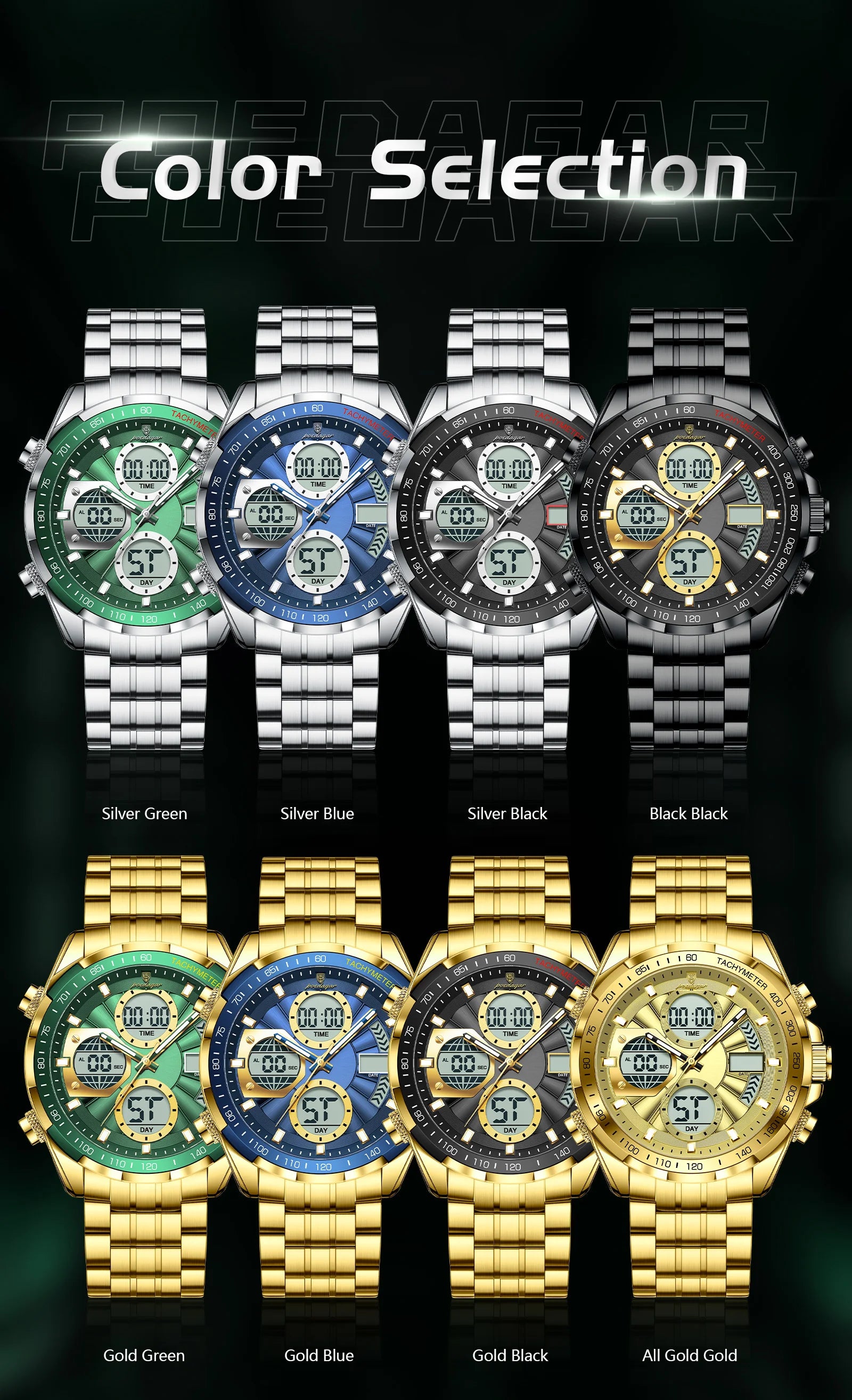 Montre-bracelet homme POEDAGAR, étanche, électronique, LED, affichage double heure, numérique, acier inoxydable, montre à quartz pour homme, Reloj