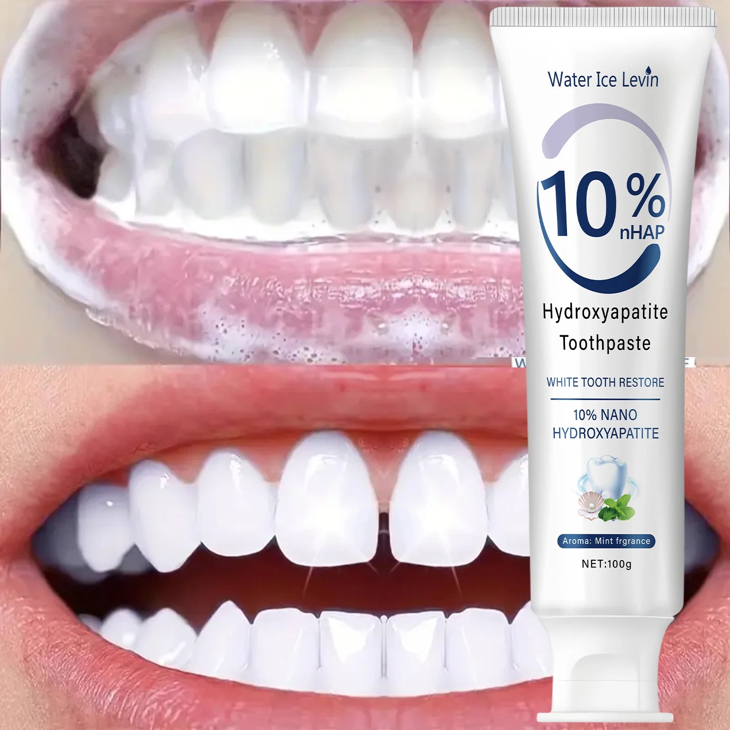 Le dentifrice nano hydroxyapatite 10% restaure les dents blanches. Protege les gencives. Nettoyage en profondeur. Éclairez le sourire. 100 g de menthe fraîche.