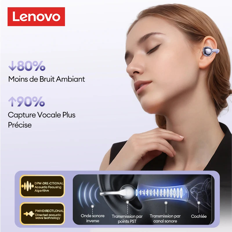 Casque sans fil Bluetooth 6.0 Lenovo LE302, longue durée de vie de la batterie, écouteurs sportifs à clip d'oreille, écouteurs stéréo HIFI à réduction de bruit
