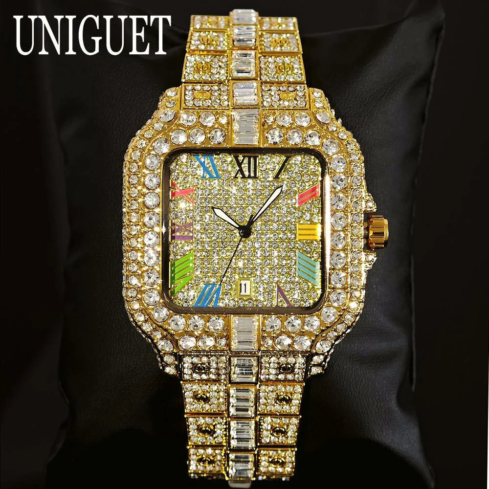 UNIGUET luxe diamant montre à Quartz pour hommes cadran arc-en-ciel calendrier Hip Hop glacé or montre-bracelet hommes accessoire de mode 2025