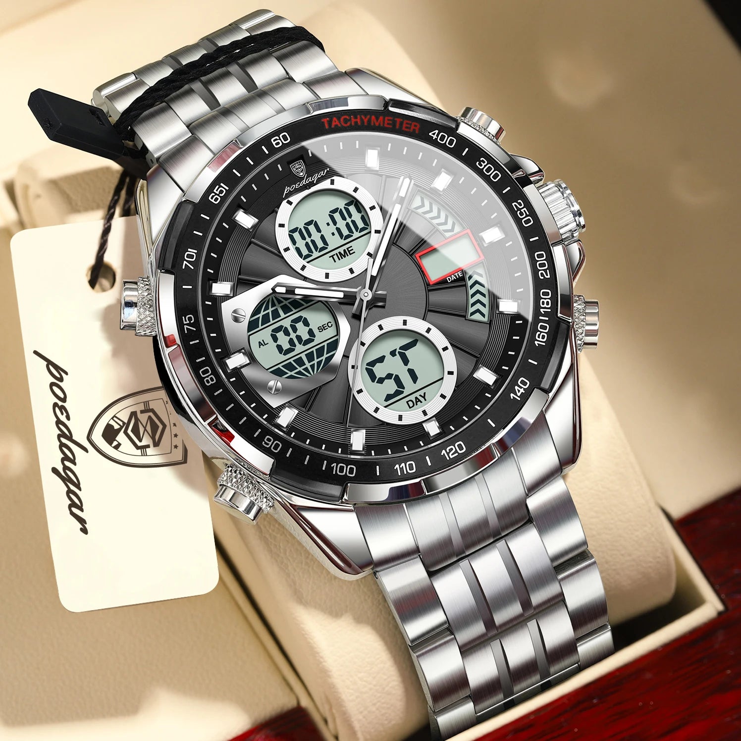 Montre-bracelet homme POEDAGAR, étanche, électronique, LED, affichage double heure, numérique, acier inoxydable, montre à quartz pour homme, Reloj