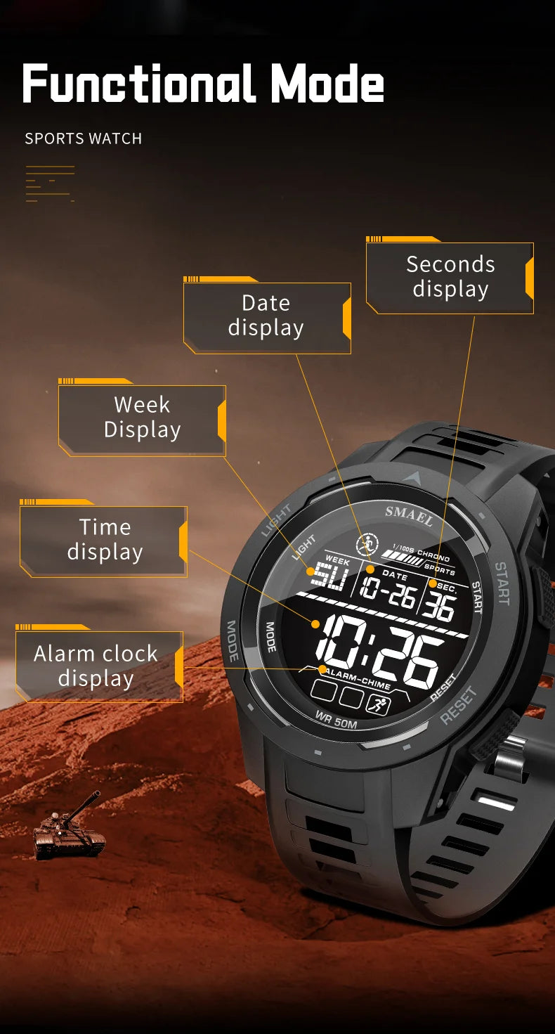 SMAEL-Montre-bracelet numérique étanche à LED pour homme, chronomètre lumineux, montres de sport, 50m, 8105