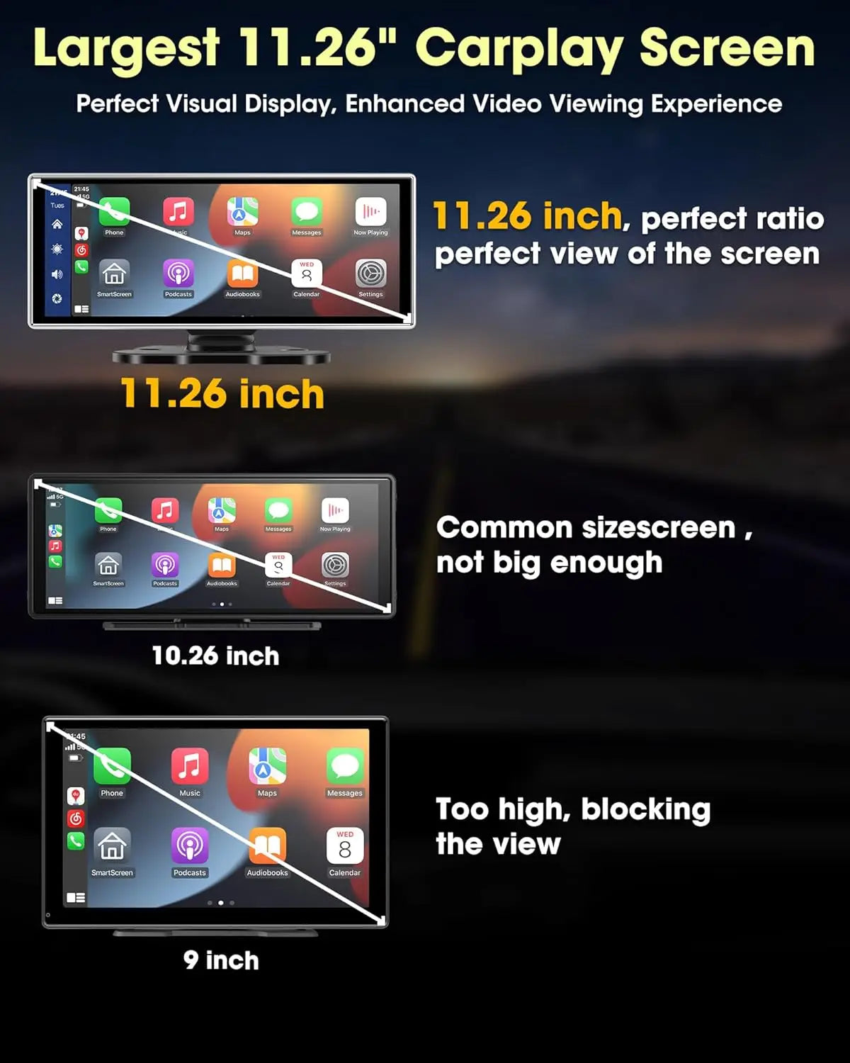 Srnubi 11.26 pouces 4K Dash Cam sans fil CarPlay et Android Auto Portable voiture DVR systèmes intelligents enregistreur vidéo GPS Navigation