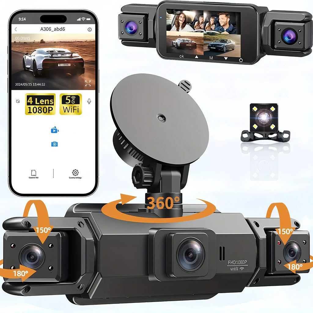 Dashcam 4 canaux wifi voiture dvr caméras de tableau de bord pour voiture mode de stationnement de boîte arrière 24h intérieur avant et arrière 360 dash cam