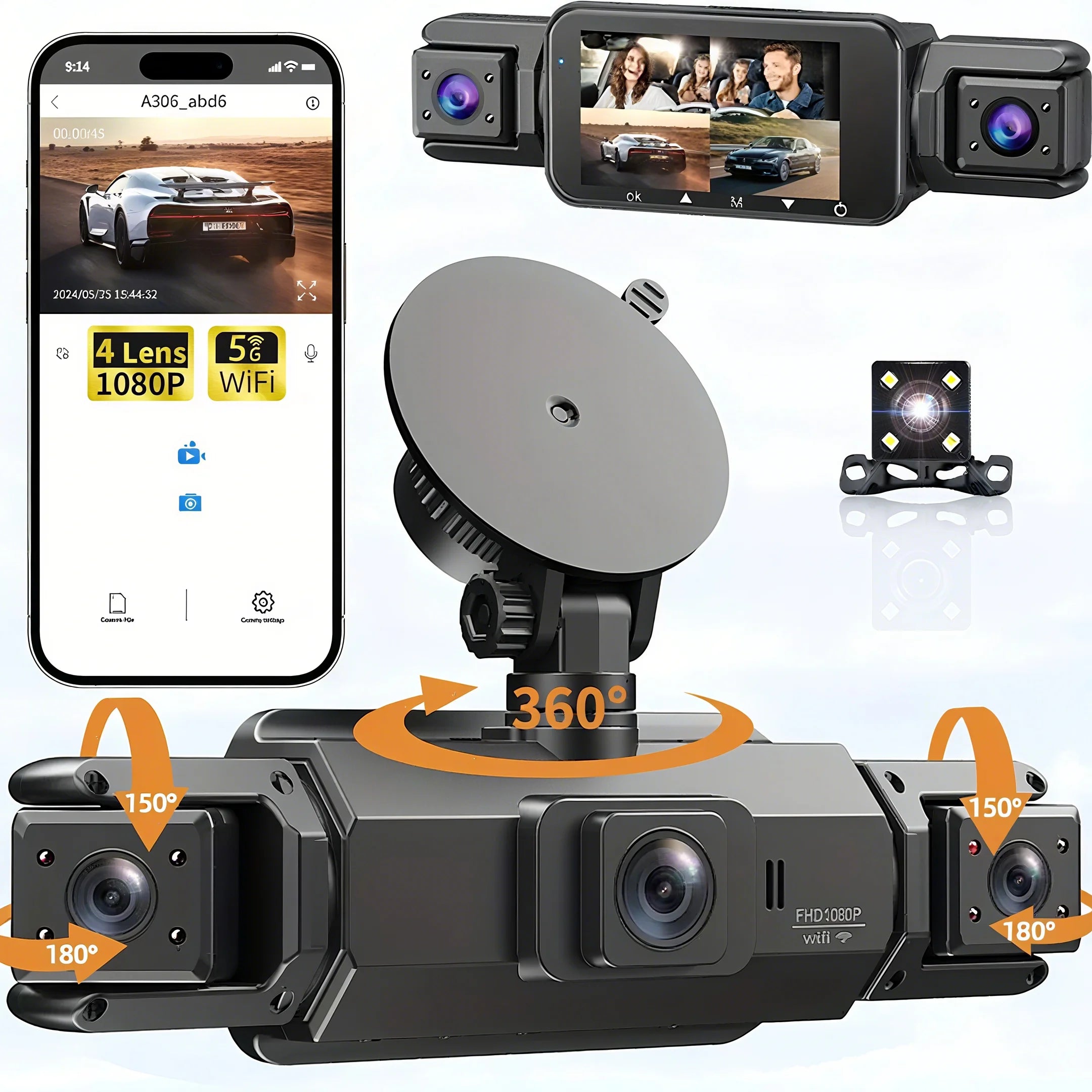 Dashcam 4 canaux wifi voiture dvr caméras de tableau de bord pour voiture mode de stationnement de boîte arrière 24h intérieur avant et arrière 360 dash cam