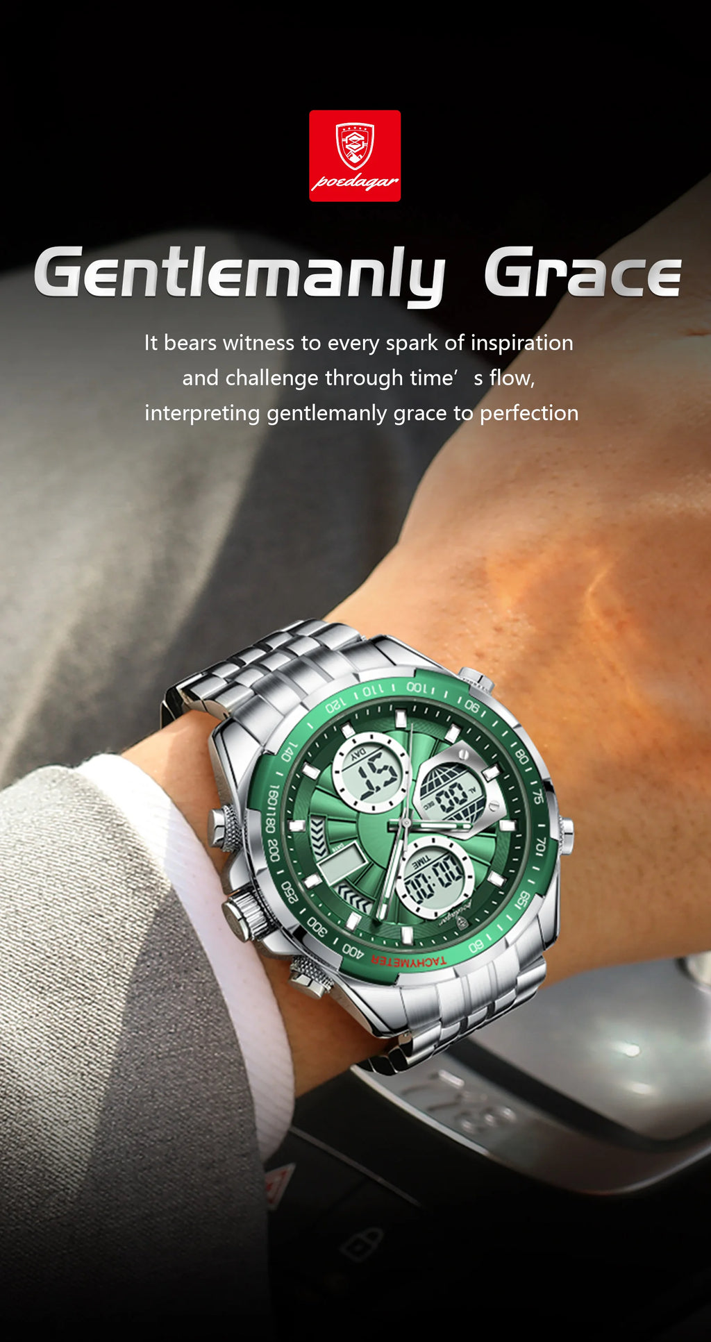 Montre-bracelet homme POEDAGAR, étanche, électronique, LED, affichage double heure, numérique, acier inoxydable, montre à quartz pour homme, Reloj