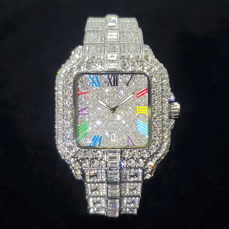 UNIGUET luxe diamant montre à Quartz pour hommes cadran arc-en-ciel calendrier Hip Hop glacé or montre-bracelet hommes accessoire de mode 2025