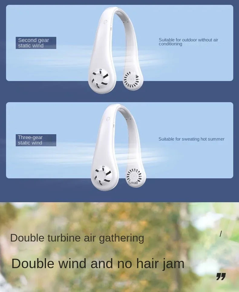 Ventilateur de cou mains libres, portable, rechargeable par USB, sans pales, silencieux, pour les voyages d'été, 3 vitesses, mini, longue autonomie